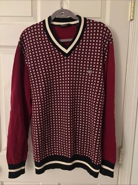 Sean John Burgundy V-Neck Patterned Sweater